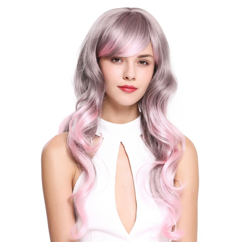 Fairytale Lady Women Cosplay Wig long wavy slight curls gray pink mix ZM-1666