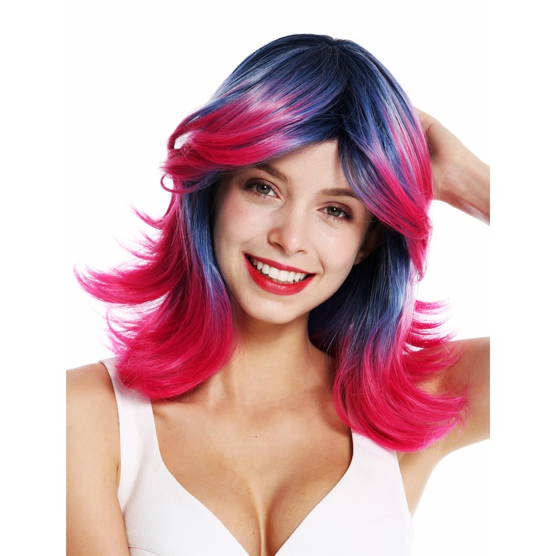 Lady wig extravagant wild layered highlights blue red cosplay colourful ZM-1899
