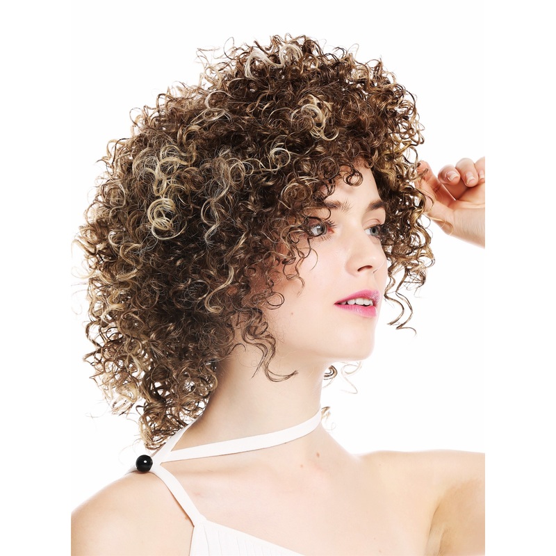 Women wig lady short voluminous frizzy curly curls brown blonde highlights VK-11