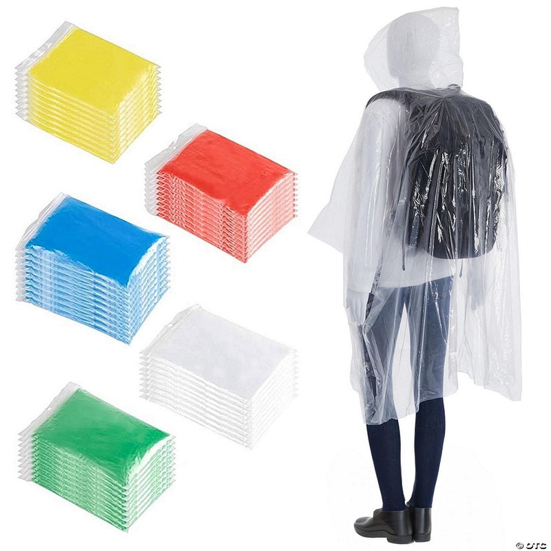 50 Pack Disposable Rain Ponchos for Adults, Bulk Emergency Ponchos with Hood, Raincoats, Rainbow Colors, Clear