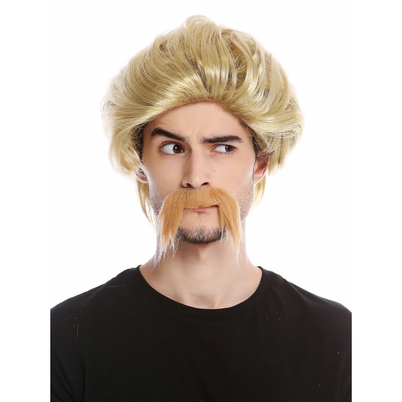 Wig & long Mustache Set Men Gaul Hun 70s Cop Detective Pimp blonde 0026