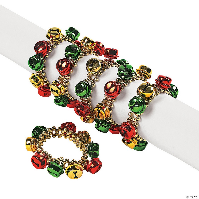 6 Green, Red & Gold Jingle Bell Beaded Elastic Bracelets – 12 Pc.