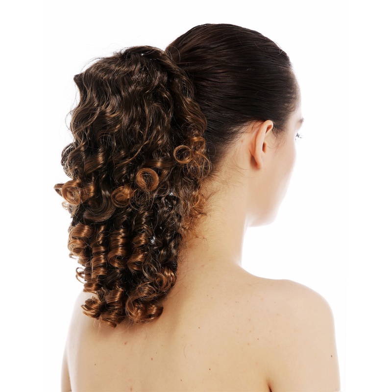 Hairpiece ponytail voluminous curled ringlets dark brown blond highlights SC-31