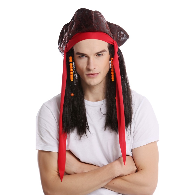 Wig & Tricorn Cocked Hat Women Men Carnival Halloween Pirate Captain brown 90892