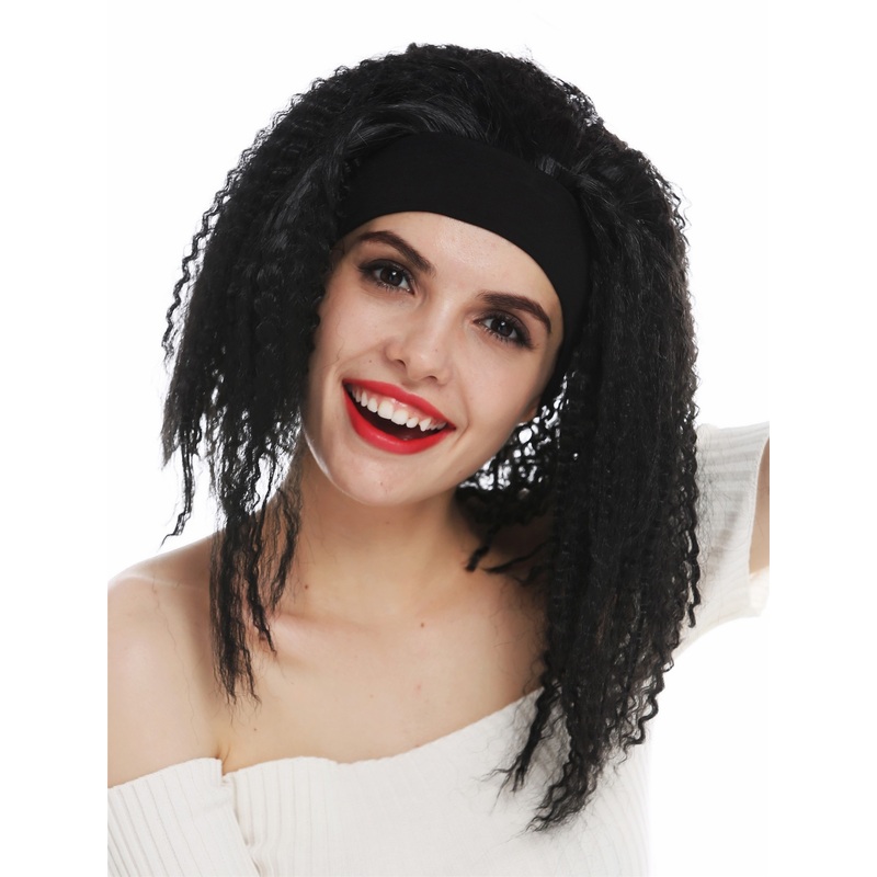 Wig  women headband retro Caribbean afro look black shoulder length curls 31803