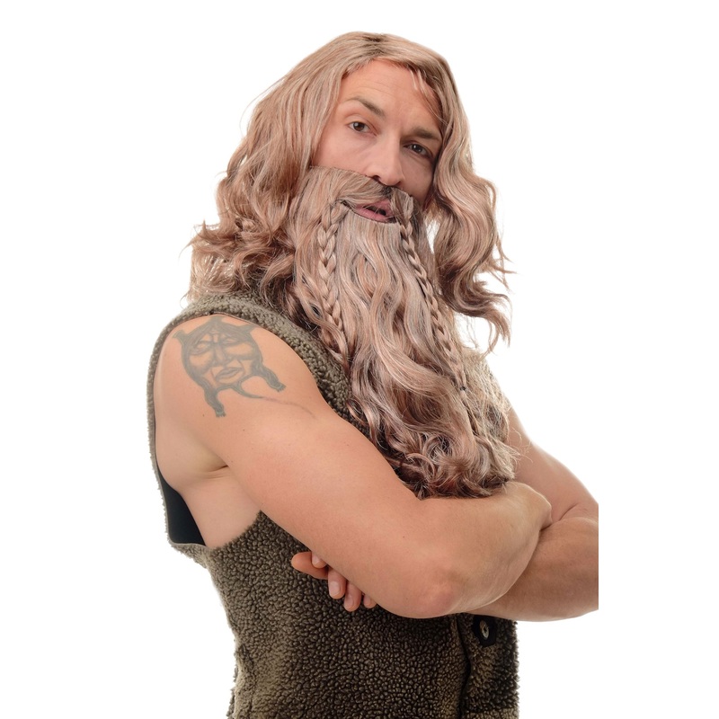 Wig & Beard Viking Dwarf Barbarian Northman brown grey mix wavy braided 90760A+B