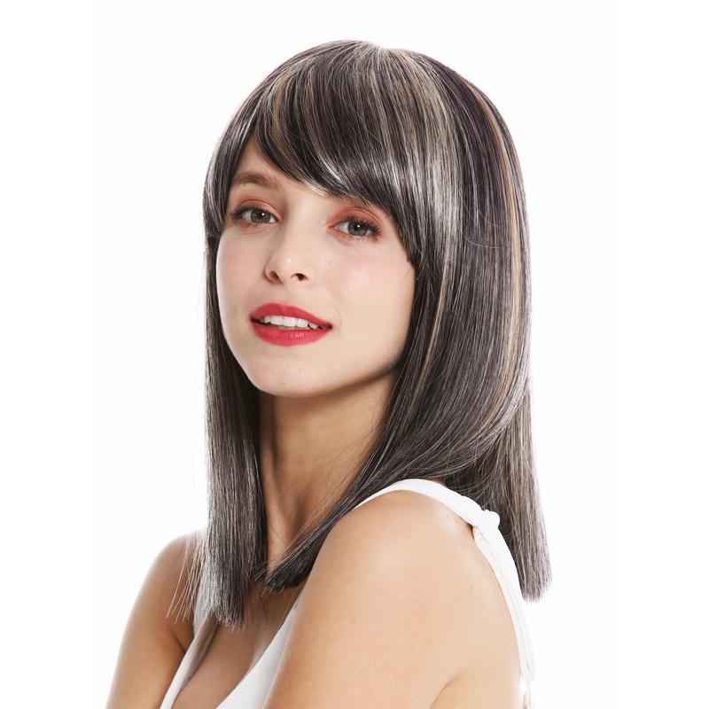 Lady wig shoulder length sleek longe fringe parted black blond pink  VK-5