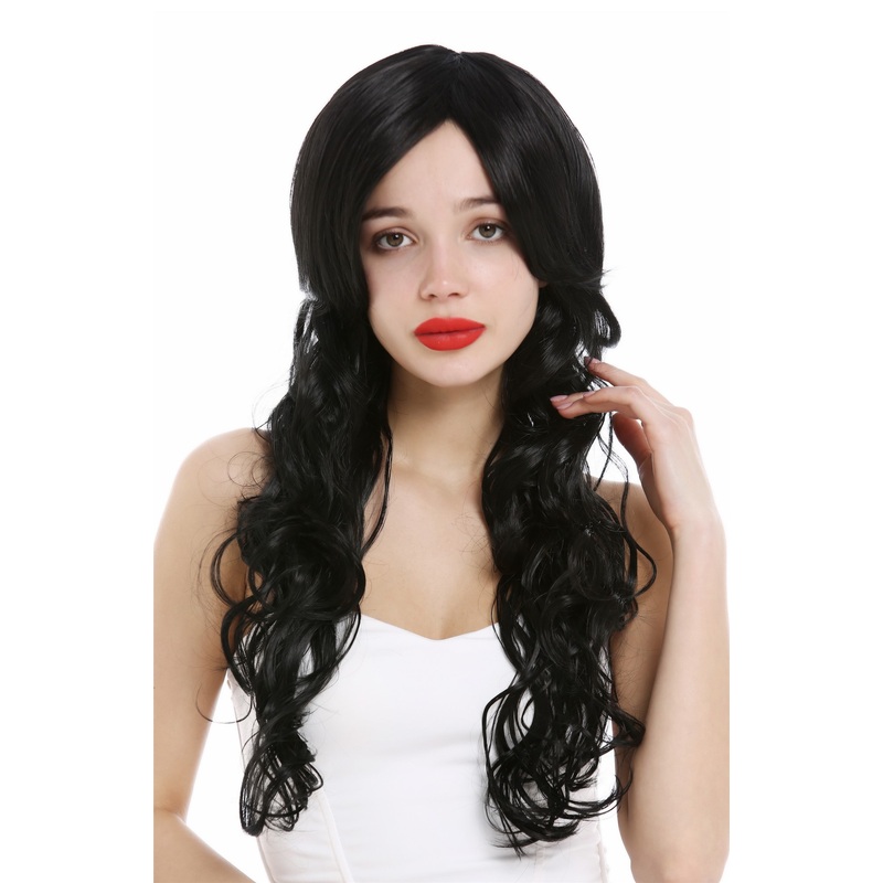 Longwomen  lady wig wavy to curled wet look Caribbean beach style black VK-47