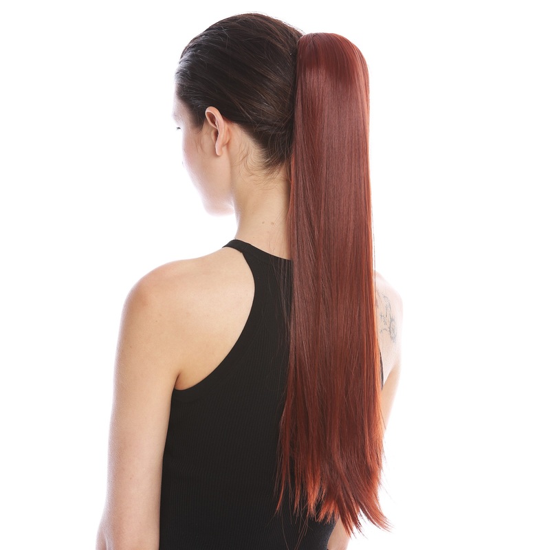 Ponytail Hairpiece comb ribbon wrap-around long smooth dark red brown YZF-1094S