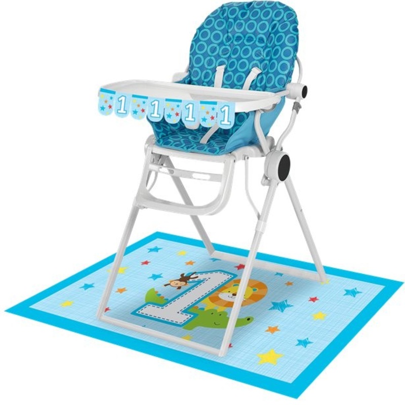 Animal 1st birthday high seat decoration set blue 2-piece