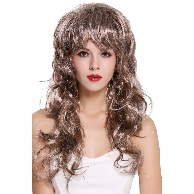 Lady Party Wig very long wild teased wavy brown gray mix 80s Diva Vamp DH6184