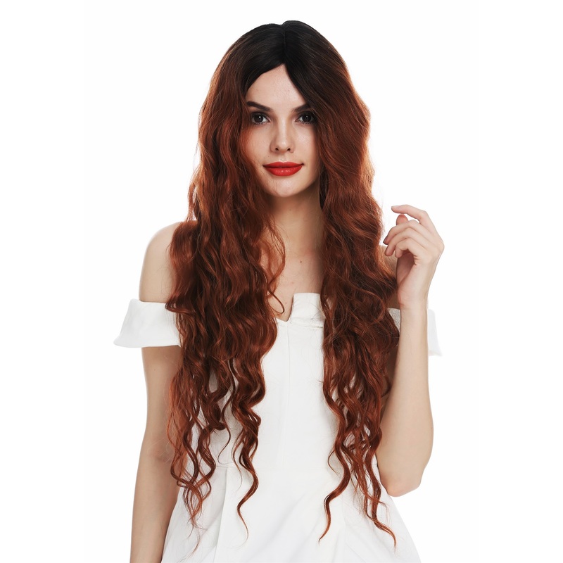Lady wig lace front mono long voluminous curls ombre black copper red  DW2889-MF