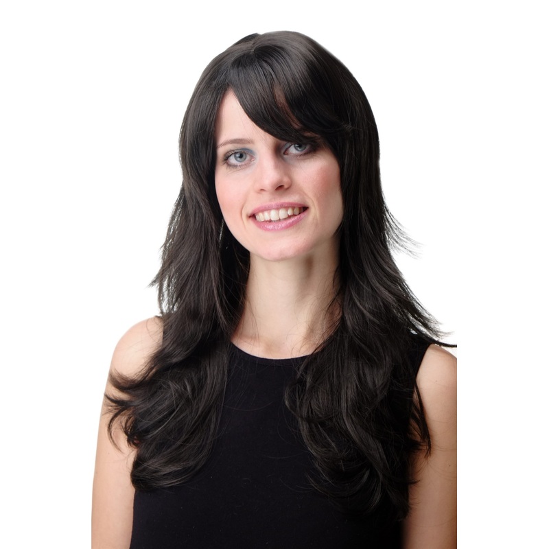 Lady women wig long slightly wavy long fringe parted sideways dark brown GFW242