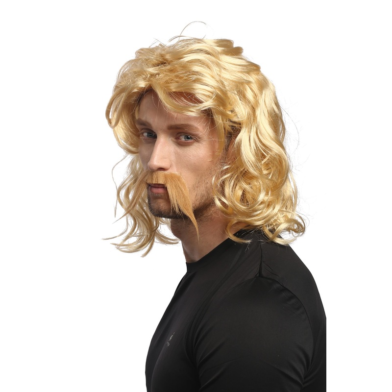 Man Men Party Wig & Mustache Set blond long wild Gaul Viking Norman Celt 91098