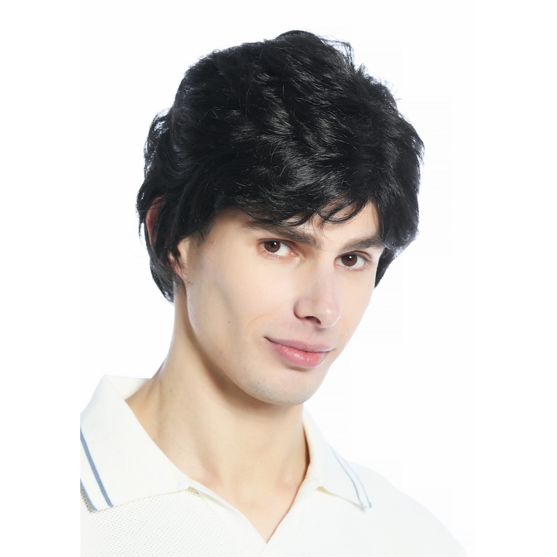 Wig Men Women unisex short slightly waved wavy dense off black DW1335