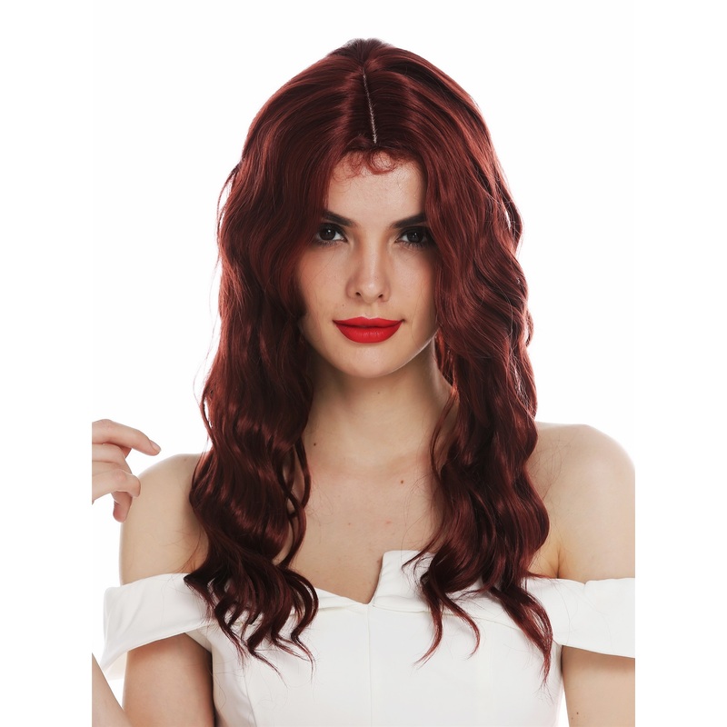 Women’s wig ladies long wavy water wave middle parting auburn rust brown VK-9