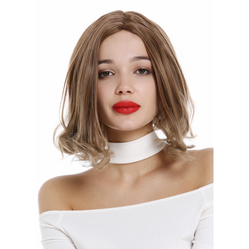 Lady wig short Longbob straight curled tips middle parting brown blond YZF-4369