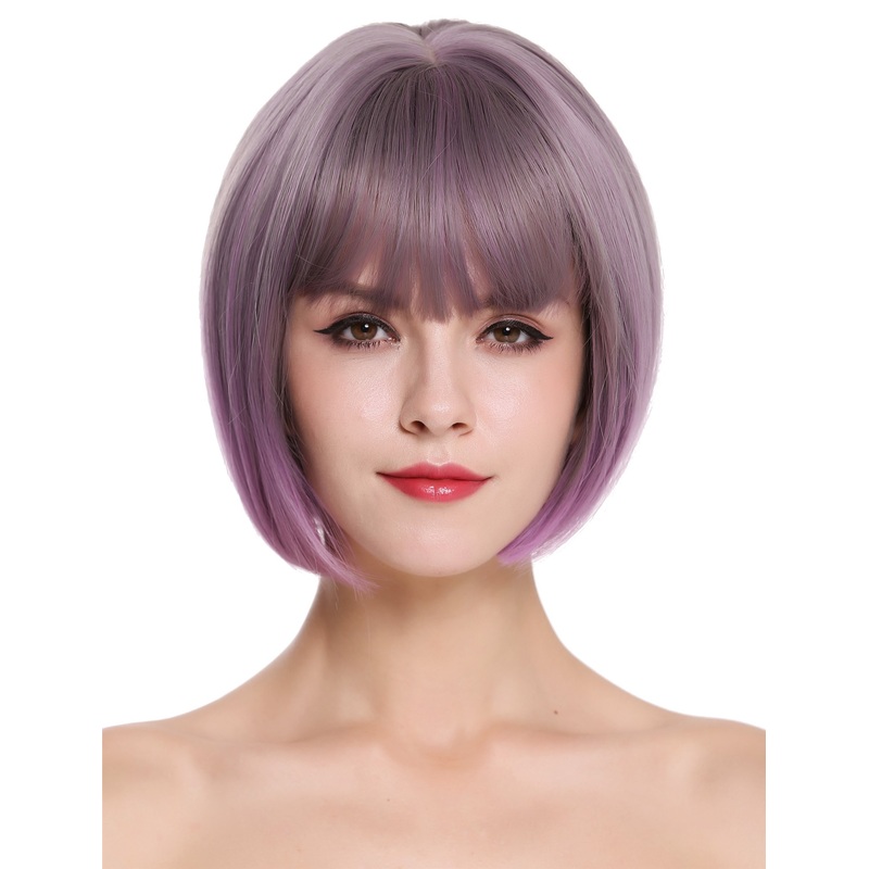 Women’s wig bob sleek short fringe grey purple violet mix lady H1808