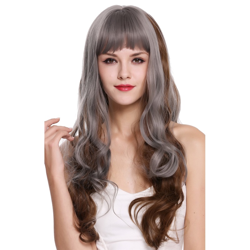 Women’s wig long fringe wavy curly Balayage highlights grey brown lady MS1725