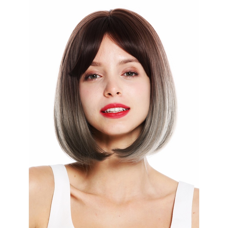 Women’s  wig short bob long bob long fringe brown grey mix 1949