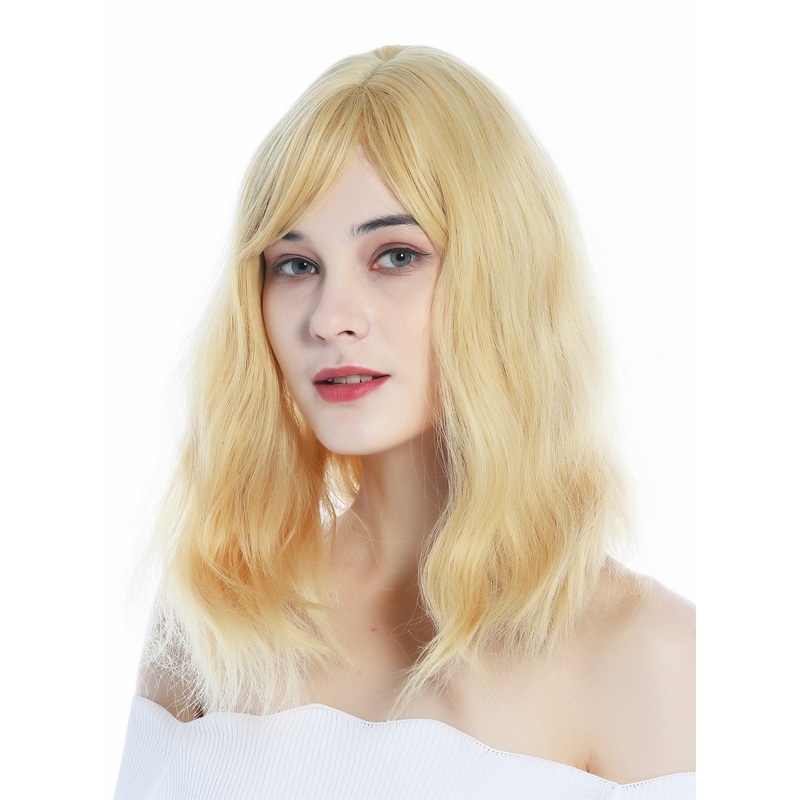 Ladies’ Wig medium shoulder length long parted fringe wavy gold blond MLX074