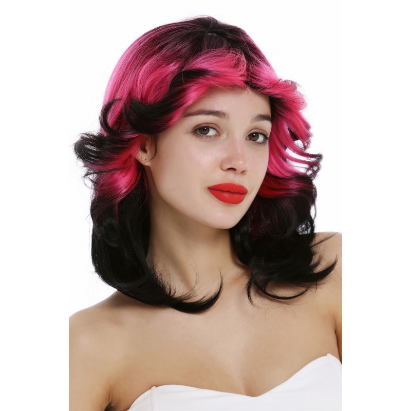 Lady wig 70s 80s retro style Soap Opera Disco Queen wavy teased black pink VK-41