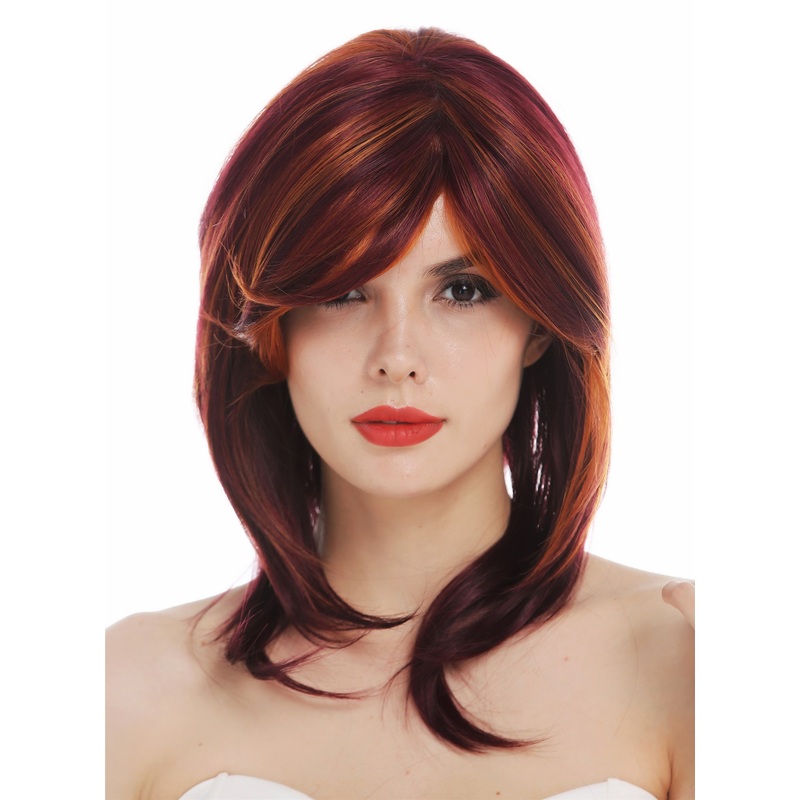 Lady wig medium length sleek parting red mix hand made partial mono TYM-165-MT
