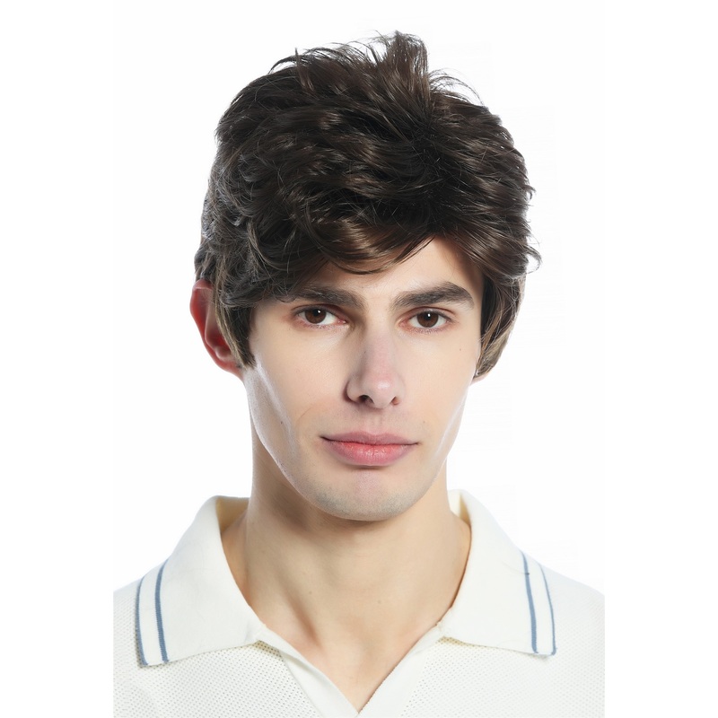 Wig Men Women unisex short parting wavy medium brown brunette DW94A