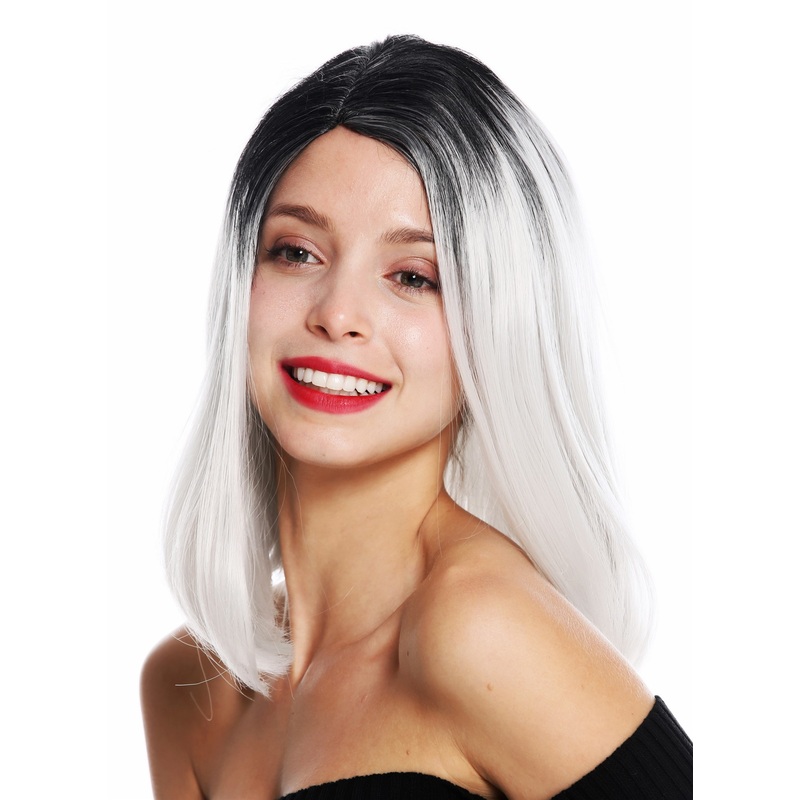 Women’s wig sleek shoulder length middle parting ombre blackgrey white GFW3130