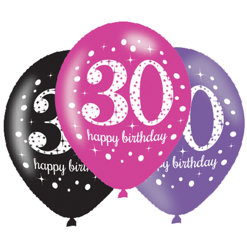 Black Pink Purple 30th Birthday Latex Balloons – 6 Pack