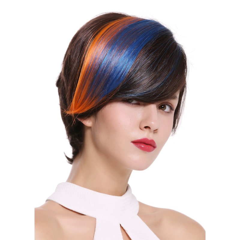 Lady wig colourful short dark brown blue orange strands highlights parting SA100