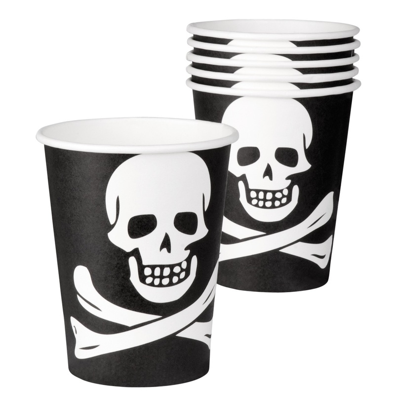 6 pirate party skull paper cups 250ml