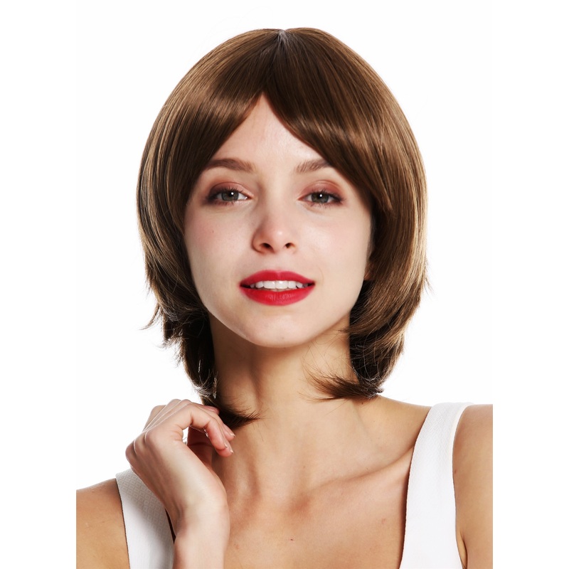 Lady  wig short layered sleek long fringe parted golden brown 10030