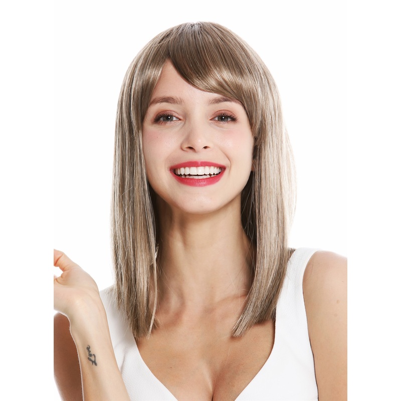 Lady wig shoulder length sleek longe fringe parted brown blonde highlights VK-5