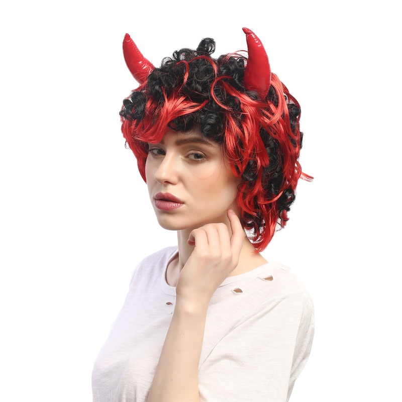 LadyMan Party Wig Halloween horns devil demon black with red curls wild 4045