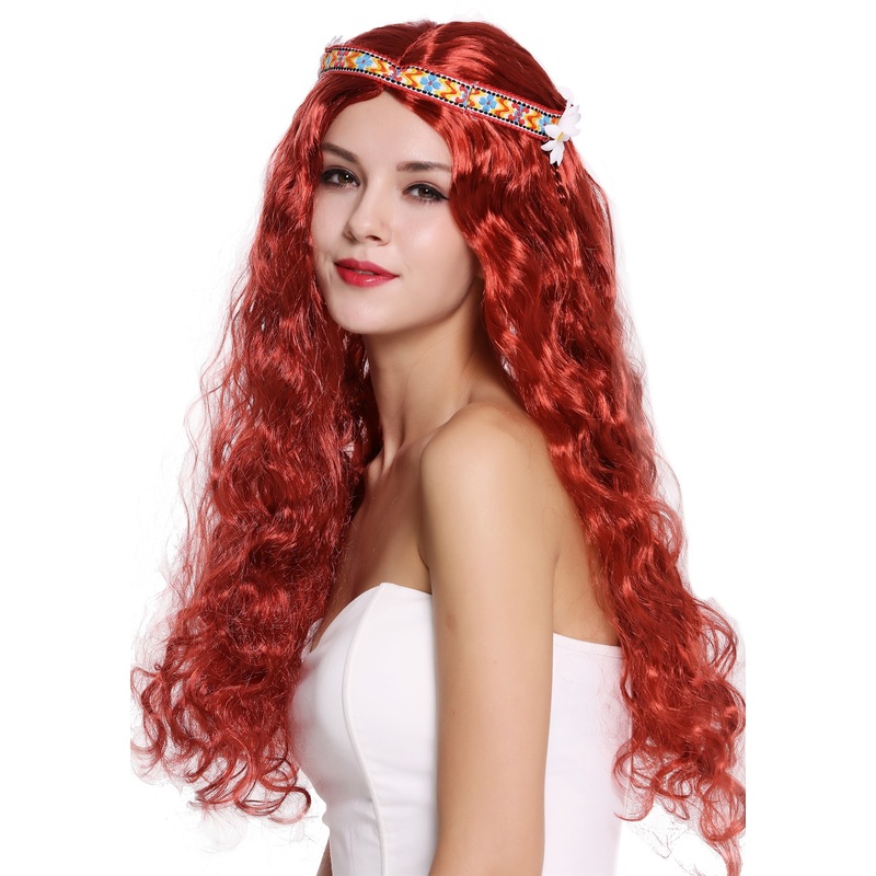 Wig Ladies Men long red wavy middle parting Hippy Beatnik 60s 70s headband 91298