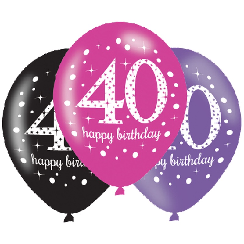 Black Pink Purple 40th Birthday Latex Balloons – 6 Pack