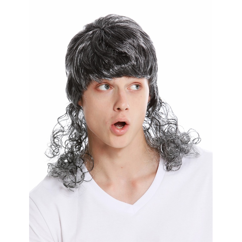 Party wig women men carnival curly mullet lad crooner film star black-grey 60893