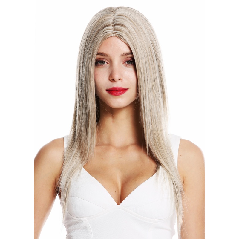 Women’s wig long sleek layered middle parting brown platinum highlights VK-34