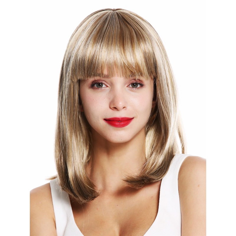 Lady wig shoulder length Longbob sleek fringe bangs blond mix highlights VK-39