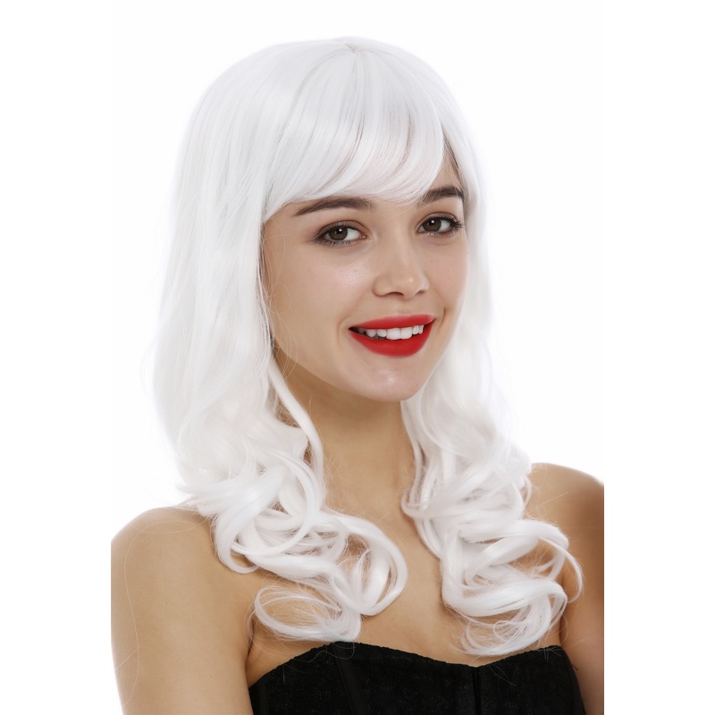 Lady Wig Women long wavy to curled curls fringe bangs pure white 3001