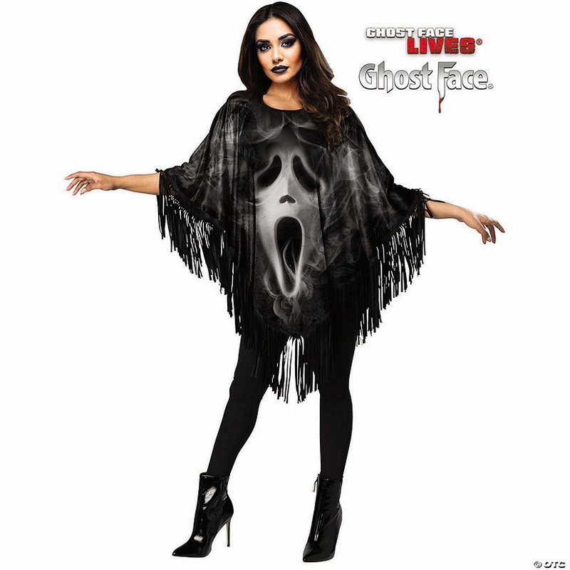 Adults Ghost Face Black Poncho Costume with Fringe – One Size
