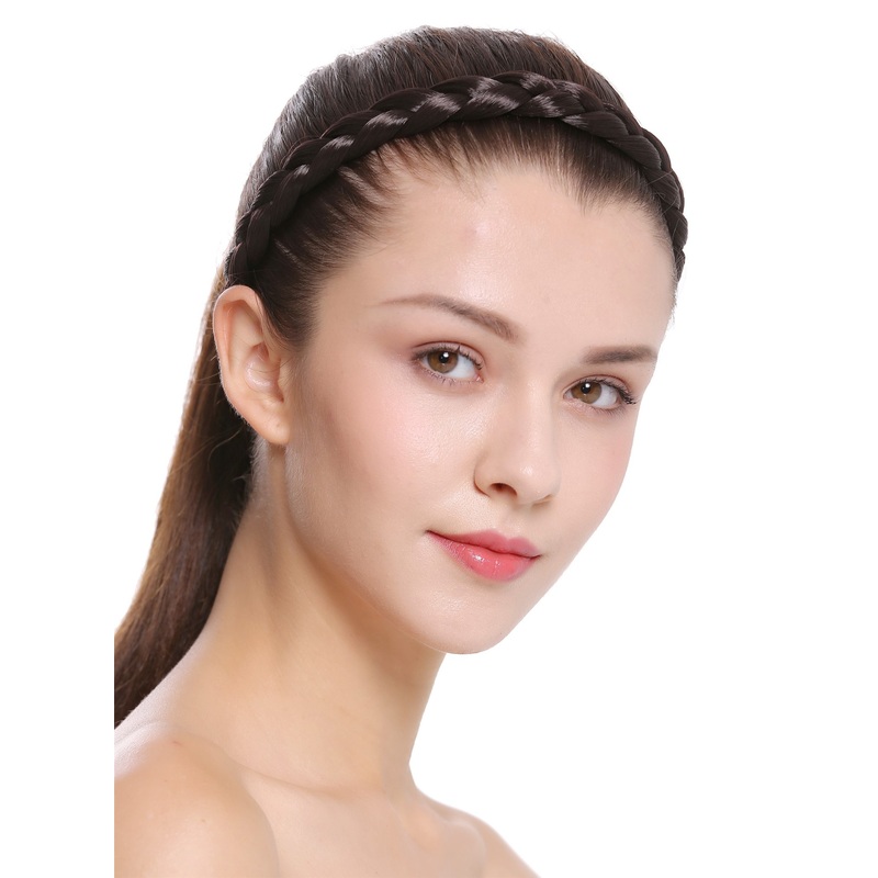Hair band loop Alice band plaited traditional 1 inch wide braid brown CXT-007