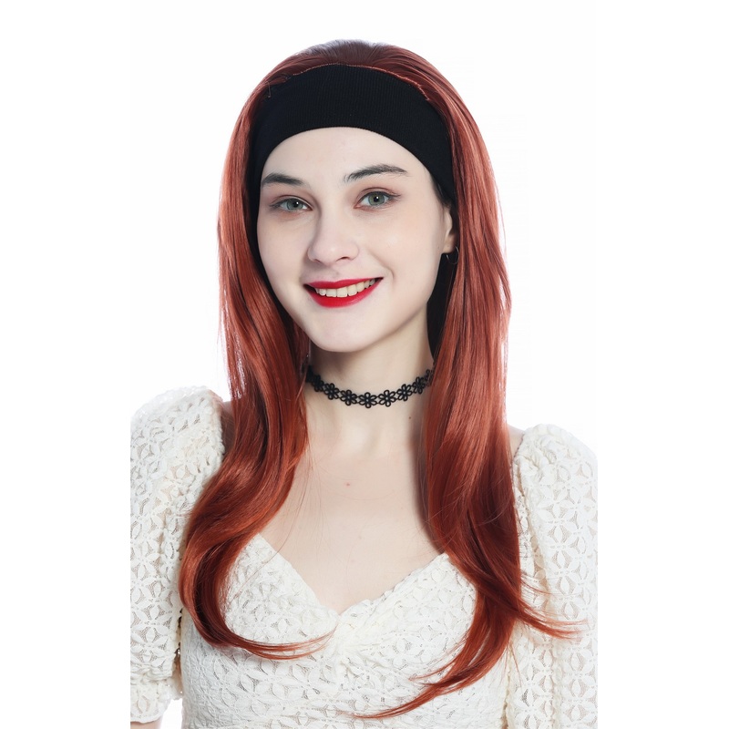 Lady wig half wig black headband retro long straight dark copper red H9306