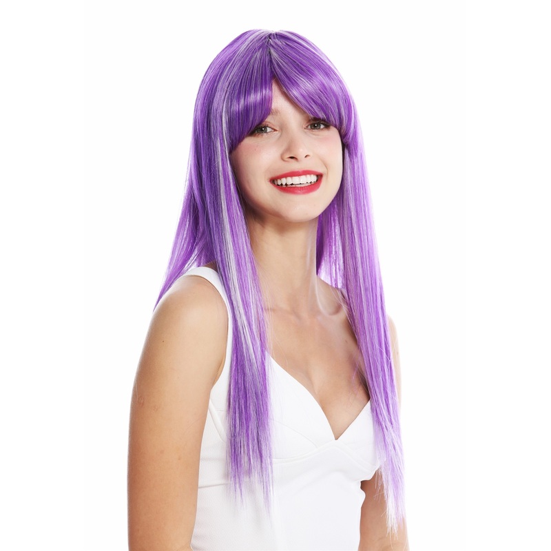 Women’s wig long sleek straight long fringe parted purple white highlights VK-8