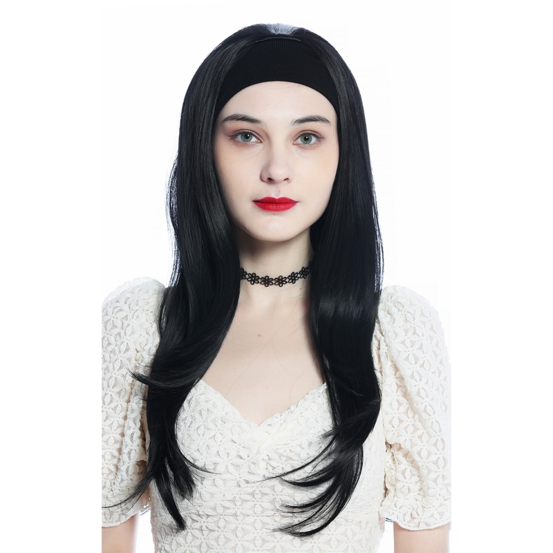 Lady wig half wig black headband cool retro long straight jet black H9306
