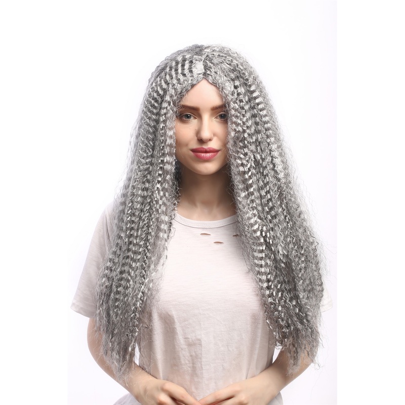 Lady wig long kinked grey hair middle parting Vampire Witch Old Hippie 86625