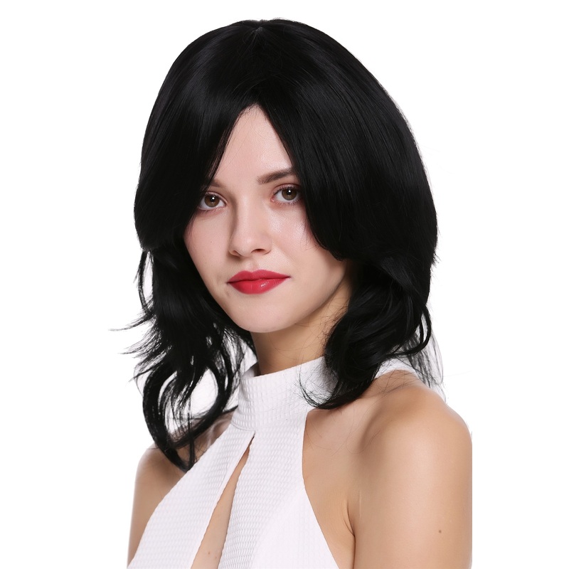 Lady women wig shoulder length voluminous wavy parting black SA089