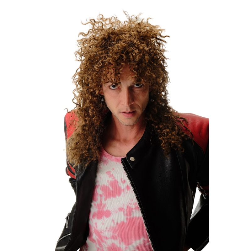 Party wig men women unisex Hardrock Hair Metal mullet long brown curly BW563