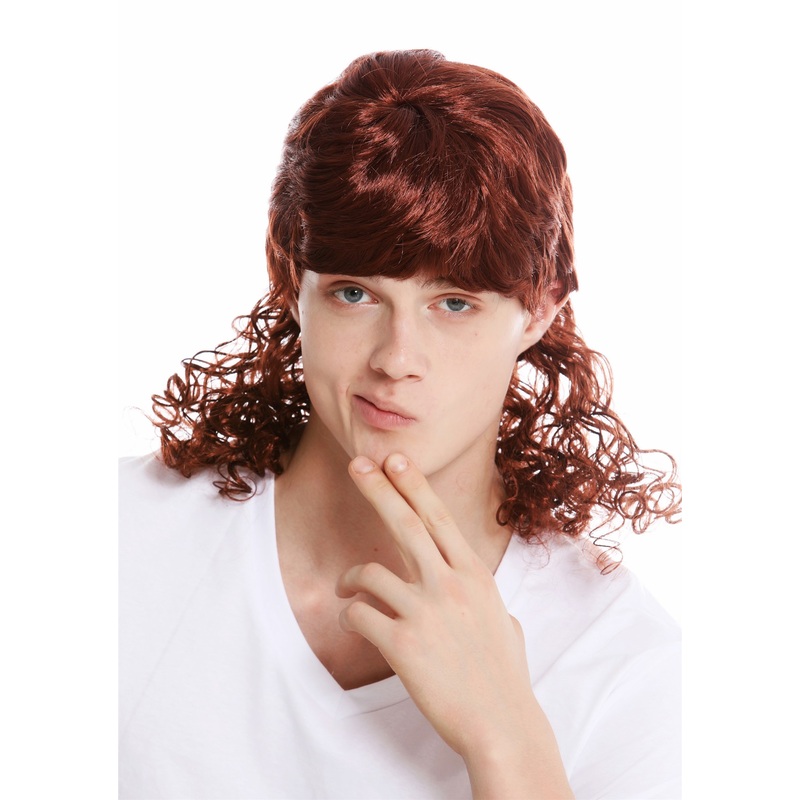 Wig women men carnival curly mullet lad crooner film star reddish brown 60893